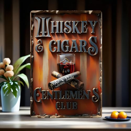 Vintage Metal Whiskey & Cigars Gentlemen's Club Sign: 8 x 12 inches, Artistic Print Poster, Wall Art Decoration, Suitable for Room, Kitchen, Bar, Restaurant, Coffee Shop, Man Cave, Courtyard, Indoor