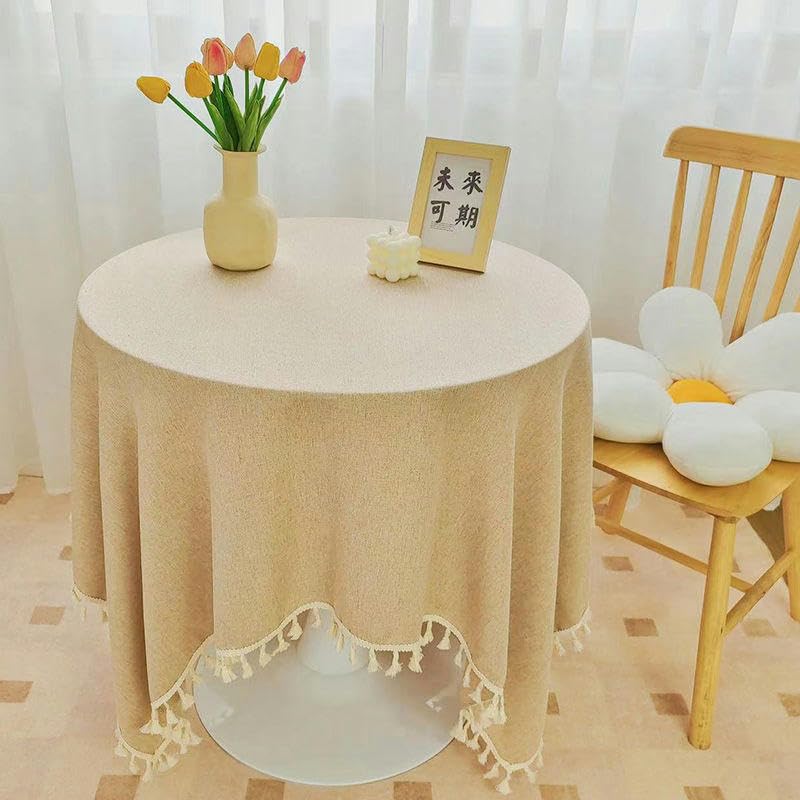 Nappe ronde imperméable antitache KeuLen en coton-lin bleu pour grand repas de famille