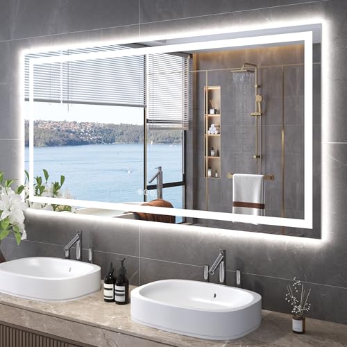 60"X30" LED Bathroom Mirror with Front Lights and Backlit, Anti-Fog, Dimmable, Shatter-Proof Tempered Glass, Lighted Bathroom Vanity Mirror for Wall with 3 Colors, Memory Function