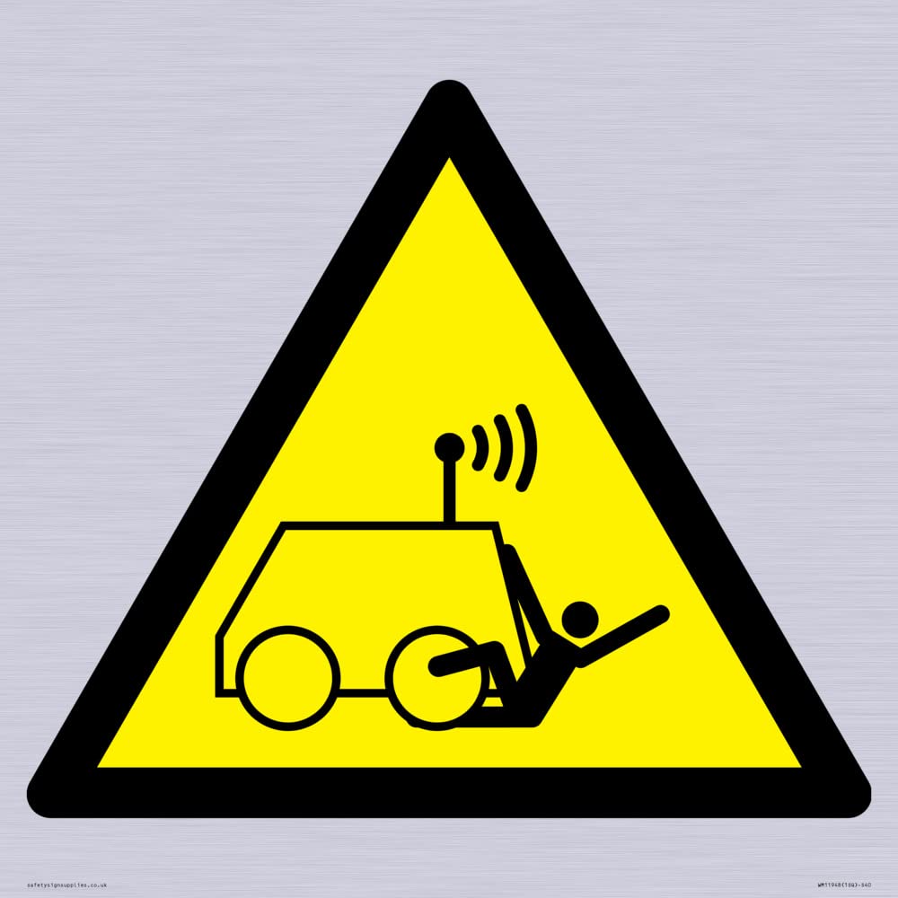 W037 Warning: Run over by remote operator controlled machine Sign - 400x400mm - S40, Yellow/White, 400 x 400 mm