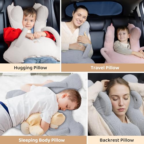 Image of FLORICH Kids Travel Pillow, Car Sleeping Travel Pillow for Kids, Removable H-Shaped Pillow for Adults and Children to Support Head and Body Road Trips with Neck Pillow and Blanket (Beige White)