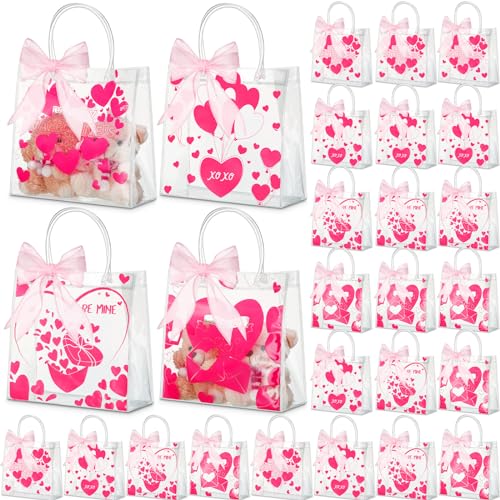Image of Shinylin 100 Pcs Valentines Clear Plastic Gift Bags with Handles Clear PVC Heart Bags Reusable Wrap Tote Bags Valentine's Day Gift Party Favor Bags with Ribbon for Valentines Wedding Birthday Favors