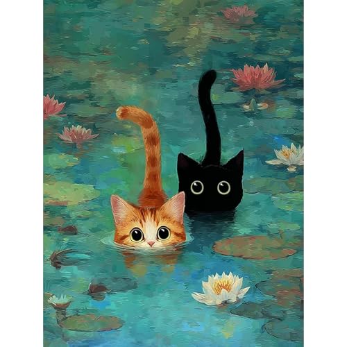 Black Cat Diamond Art Kits for Adults 5D DIY Orange Cat Diamond Painting Kits for Beginner Diamond Dots Full Drill Crafts for Gem Art Dot Art for Adults Home Monet Wall Decor for Teens 12x16 inch