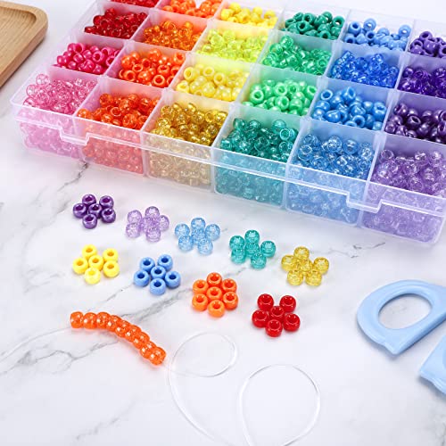 Quefe 2880pcs Pony Beads Kit, Kandi Beads for Hair, Rainbow Beads Plastic Bead for Craft 6 x 9mm 24 Colors 4 Styles Large Hole Beads Set for Bracelets Jewelry Making4