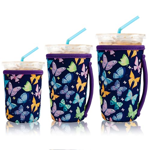 Image of KJQJLY 3 Pack Reusable Iced Coffee Sleeves for Iced Coffee Cups or Drinks Reusable Neoprene Insulated Sleeves for Hot and Cold Drinks from Starbucks, Dunkin, And More (Dark butterfly)