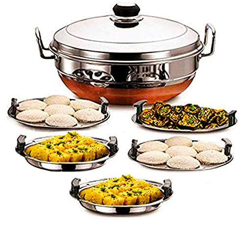 NIYA ENTERPRIZE Stainless Steel 3 in1 Idli Cooker Silver Multi Kadai Steamer with Induction friendly All-in-One Big Size 14 Pieces Plate 2 Dhokla 1 Patra holes For Steam 28.5 cm Diameter 2.5 kg