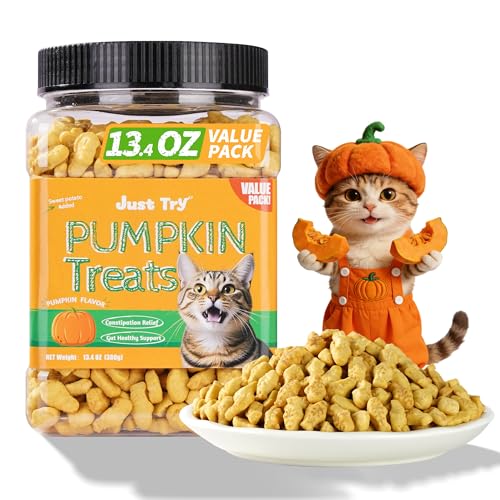 Just Try 13.4 OZ Pumpkin Cat Treats Cat Constipation Relief Hairball Control Healthy Salmon Snacks Training Biscuits Treats for Digestive Support Low Calorie Kitten Snacks
