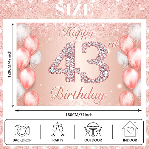 Image of Happy 43rd Birthday Rose Gold Banner Cheers to 43 Years Old Backdrop Confetti Balloons Theme Decor for Women 43 Years Old Pink Birthday Party Decorations Bday Supplies Background Favors Gift Glitter