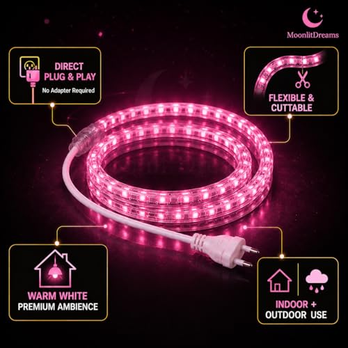 Image of MoonlitDreams 3 Meter LED Rope Light for Decoration - Waterproof Pink SMD Cove Light for Ceiling, Home Decor, LED Pipe Light for Diwali, Festival, Indoor, Outdoor Use