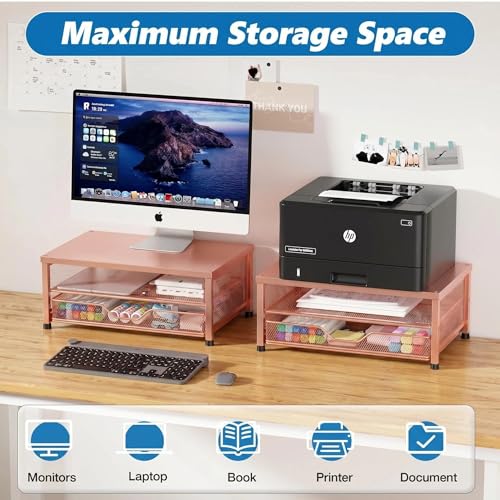 Image of OPNICE Computer Monitor Stand Riser, Desk Organizer with Drawer, Printer & Laptop Stand, Office Desk Accessories & Workspace Desktop Organizers Storage for Office Supplies(Rose Gold)