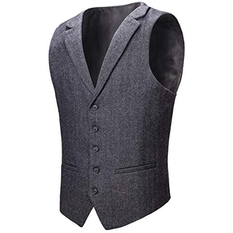 VOBOOM Mens Herringbone Tailored Collar Waistcoat Fullback Wool Tweed Suit Vest (Dark Grey, Large) Cover