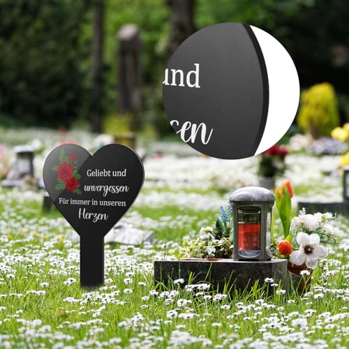 Photect Herz Grabstecker Schwarz Acryl Grabschmuck mit Gravur Geliebt und Unvergessen Träumen Gedenktafel Grabstein Grabdeko Wetterfest Gartenstecker für Grab(Bunte Rosen)