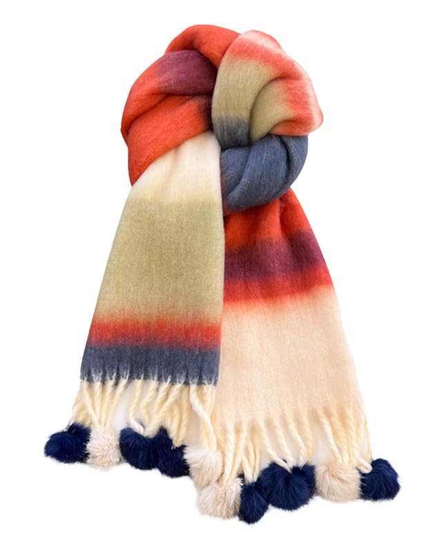 CORIRESHA Women's Winter Chunky Rainbow Scarf Cashmere Feel Warm Scarves with Pom Poms