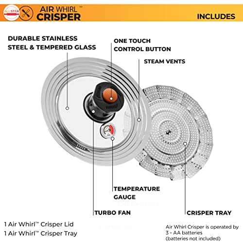 Air Whirl Crisper Air Fryer Lid for Pots & Pans- Fits 10 to 12 Inch Pots and Pans, Works on Stovetop- Includes Air Whirl Lid & Expandable Tray