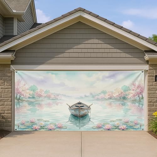 Scène florale de bateau pour cacher une porte de garage usée ou terne