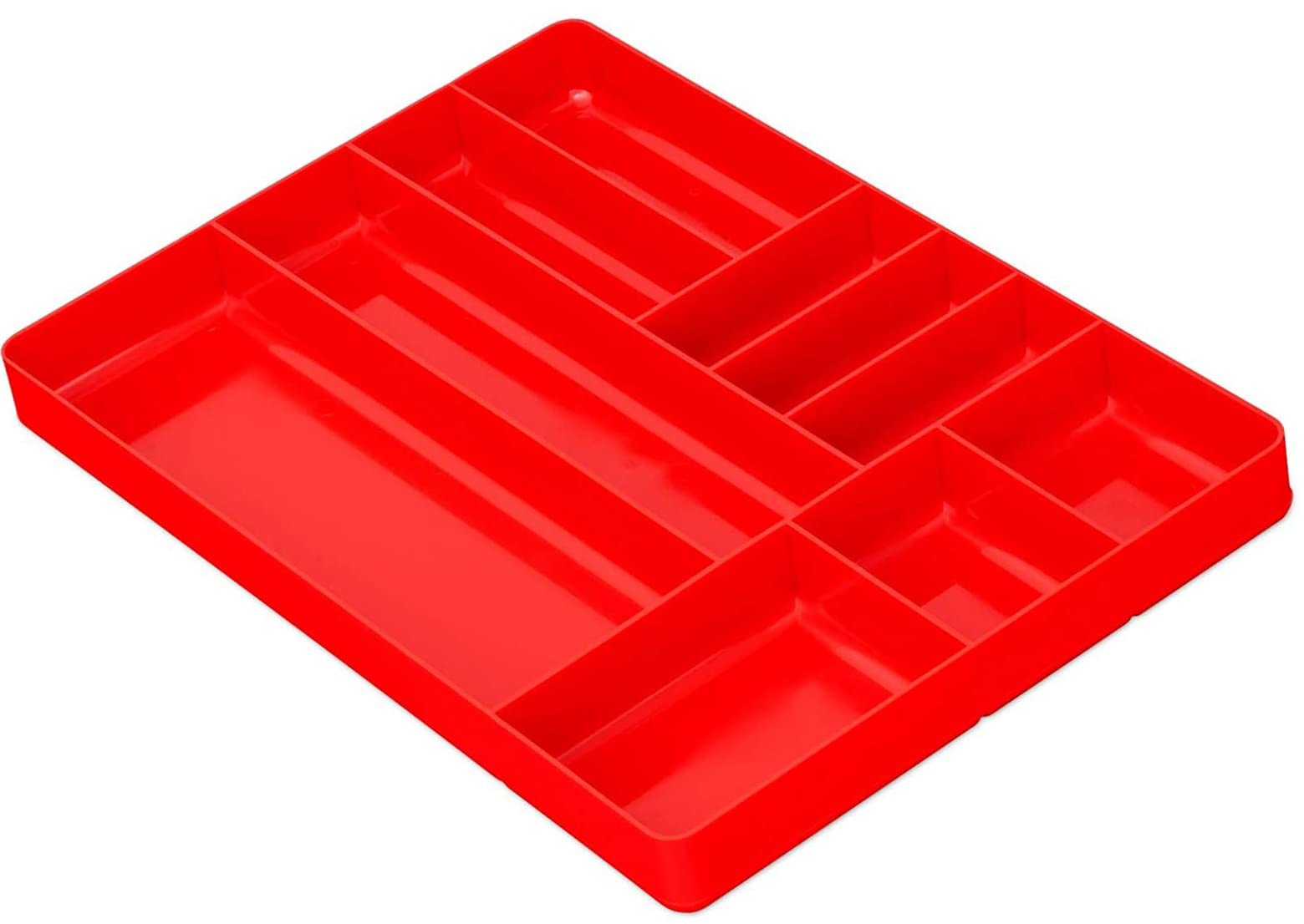 MLTOOLS Tool Drawer Organizer Tray - 10-Compartment Home & Garage Tool Tray - Stackable Workbench Toolbox Organization Holder for Small Parts, Batteries, Supplies - Made in The USA - OT10R Red