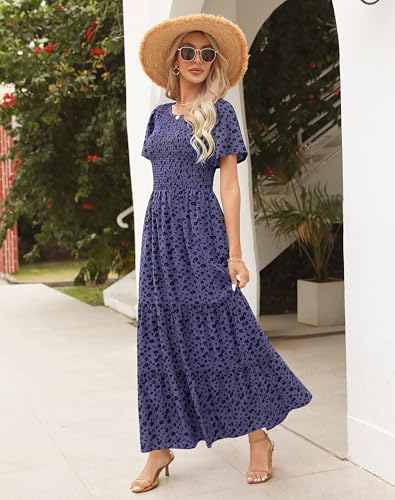 Image of Kranda Women 2025 Summer Fall Crewneck Short Sleeve Smocked Floral Maxi Dress