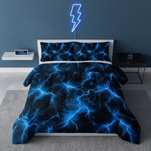 QOOMO Blue Lightning Comforter Set King,Neon Lightning Bedding Set