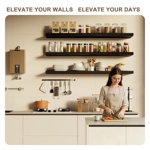 Image of 48 Inch Extra Deep Floating Shelves Set of 3-12 inch Wide Solid Paulownia Wood Wall Mounted Shelves, Black Wood Finish, Heavy Duty Long Display Ledge for Kitchen, Living Room & Home Office