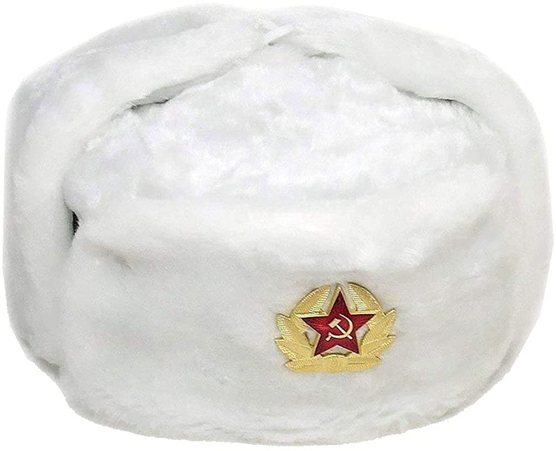 Fairy Trendz Ltd Unisex White Russian Trapper Hat With Badge One Size Faux Fur Ushanka-Cossack Ear Flaps Hat Warm Winter Hat Cap ( One Size)