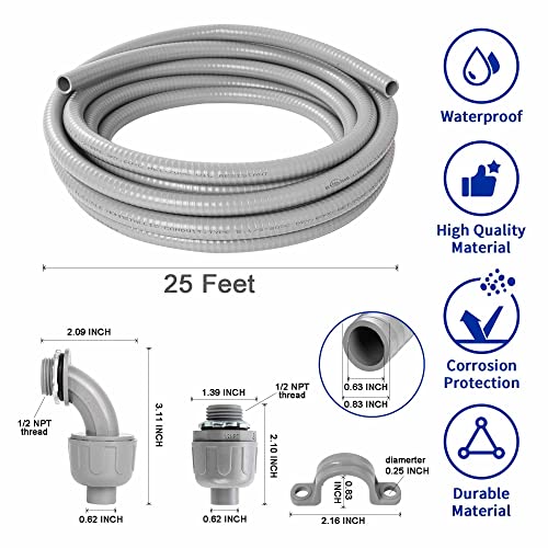 (1/2" Dia * 25 Feet) Yariwiz Flexible Electrical Conduit Liquid Tight PVC Conduit Kit with 3 PCS Coupling, 3 PCS Elbow and 7 PCS Strap, Sealtight Seal Flex Liquidtight Wire Outdoor Non Metallic Grey