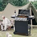 4-Burner Gas Grill Stainless Steel, Barbecue Grill Cart with 2 Side Tables Shelves for Camping/Outdoor Cooking/Patio and Garden - Black (4 Burner)
