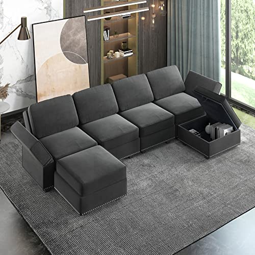 Zafly Modular Sectional Sofa, 4 Seat Couches With 2 Storage Ottoman, Free Combination U Shaped Couches/Queen Sleeper Sofa With Adjustable Backrest And Armrests (Dark Grey) #TOP19