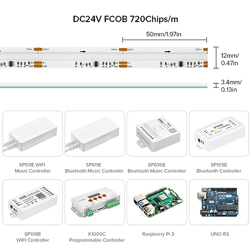 Image of SEZO RGB Smart IC COB LED Strip Lights Addressable WS2811 IC 24V 24ft 720LEDs /m 12mm Width IP30 Color Chasing High Density Uniform FCOB RGB Tape Light for Home Decor DIY(No Adapter & Controller)