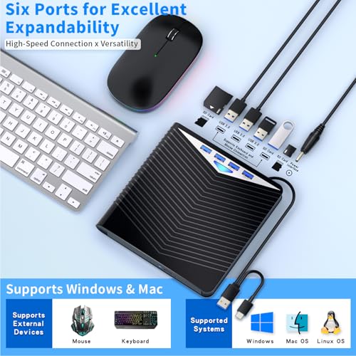 Image of Dainty 7-in-1External Blu ray Drive Read /Write with Bluray Burner USB 3.0 /Type-C Compatible with /Windows7-11 Mac OS Support for BD /DVD Drive, Windows 7-11 & Mac /PC M-DISC(Black)