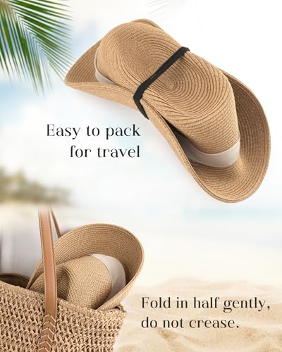 Image of FURTALK Sun Hat Wide Brim Straw Fedora Panama Beach for Men Women | Foldable & Packable for Travel, Breathable Sweatband, Adjustable Chin Strap, Ideal for Summer Boating, Gardening or Holidays