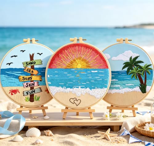 Image of Beach Embroidery Kits for Beginners Adults, Coastal Hand Embroidery Set Needlepoint Kits, Sea Sunrise Stamped Cross Stitch Kits for Beginner Adults, 3 Embroidery Hoop, Fabric (Attached Video Tutorial)