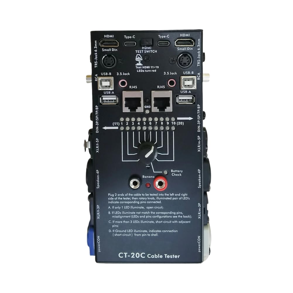 Comprobador de Cables de Audio Multifunción CT-20C. Comprobador de Cables Electrónico Especial 16 en 1. Línea de Señal XLR Compatible con