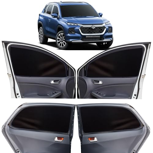 Image of OTO2EYE Car Sun Shade Compatible for Maruti Suzuki Grand Vitara Model 2022 to 2025, Z-Black Super Magnetic Grip, Front Window Zipper, Side Window Curtains, 6 Pieces Set
