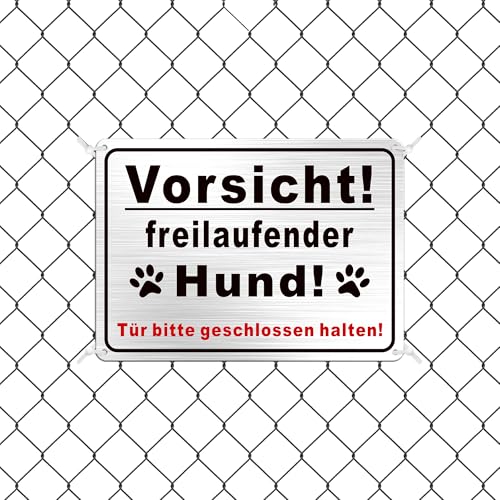 TAKULA Vorsicht Hund Schild 25 * 18cm, 'Freilaufender Hund' + Tür-Warnung, Hunde Warnschilder, Doppelmontage (Bohrung+Klebeband) | 1 Stück