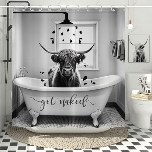 Hnmdmyi Duschvorhang Lustige Hochland Kuh 180x200, Get Naked Grau Tier Bull Rind in Badewanne Western Bauernhaus Badewanne Vorhang Wasserdicht Polyester Stoff Waschbar Badevorhang mit Haken