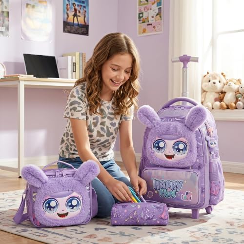 ZBAOGTW Girls Rolling Backpack for Kids with Wheels,Cute 3D Kids Rolling Backpack for School,Lightweight Kids Luggage for 6-8,Large Capacity BookBag with Wheels & Telescopic Handle - 5