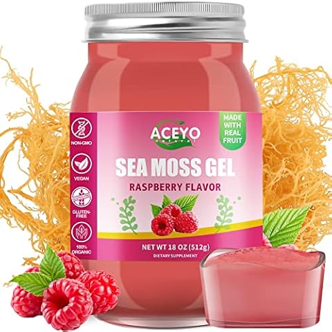 ACEYO (18 OZ) Irish Sea Moss Gel Organic Raw Vegan Raspberry Flavor 102 Vitamins and Minerals Wild Harvested Non-GMO Immune Defense Booster Thyroid Digestive Support Cover