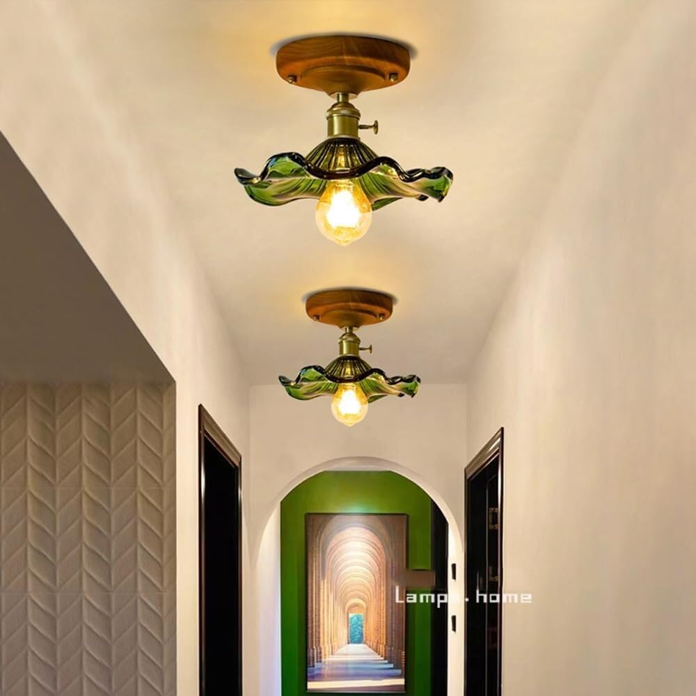 Green Glass Ceiling Light Flush Flower Ceiling Lamp Mid Century Modern Hallway Ceiling Light Fixture Gold Amber Glass Floral Close to Ceiling Light for Bedroom Office Stairs Hotel Living Room