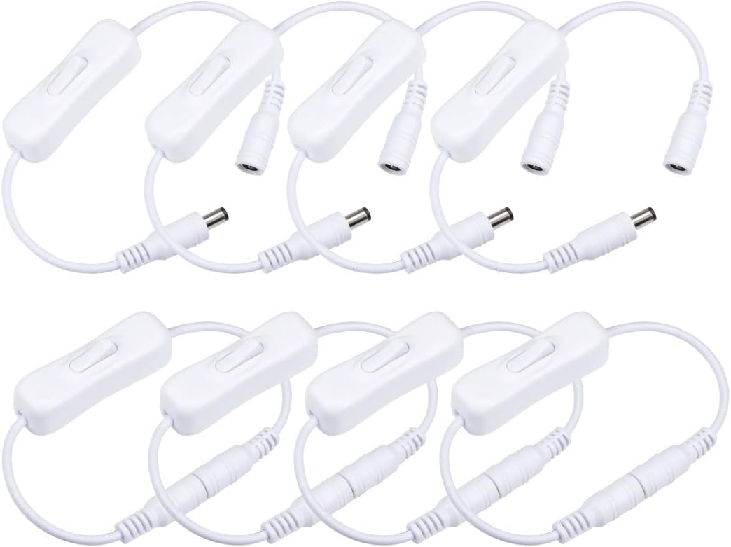 uxcell DC 12V Inline Rocker On/Off Switch with 5.5 X 2.1mm DC Jack Male To Female Power Cable for LED Strip Light CCTV Camera White 8pcs