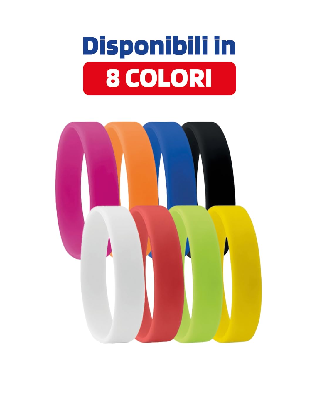 Braccialetti in silicone personalizzabili 200x12x2 mm, serigrafia, 8 colori