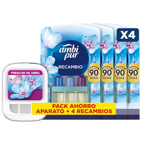 Ambipur 3VOLUTION Ambientador Casa, Aparato Electrico + 4 recambios Aroma Frescor Primavera 80 ml, 3 Fragancias Que Se Alternan Para Combatir Los Olores