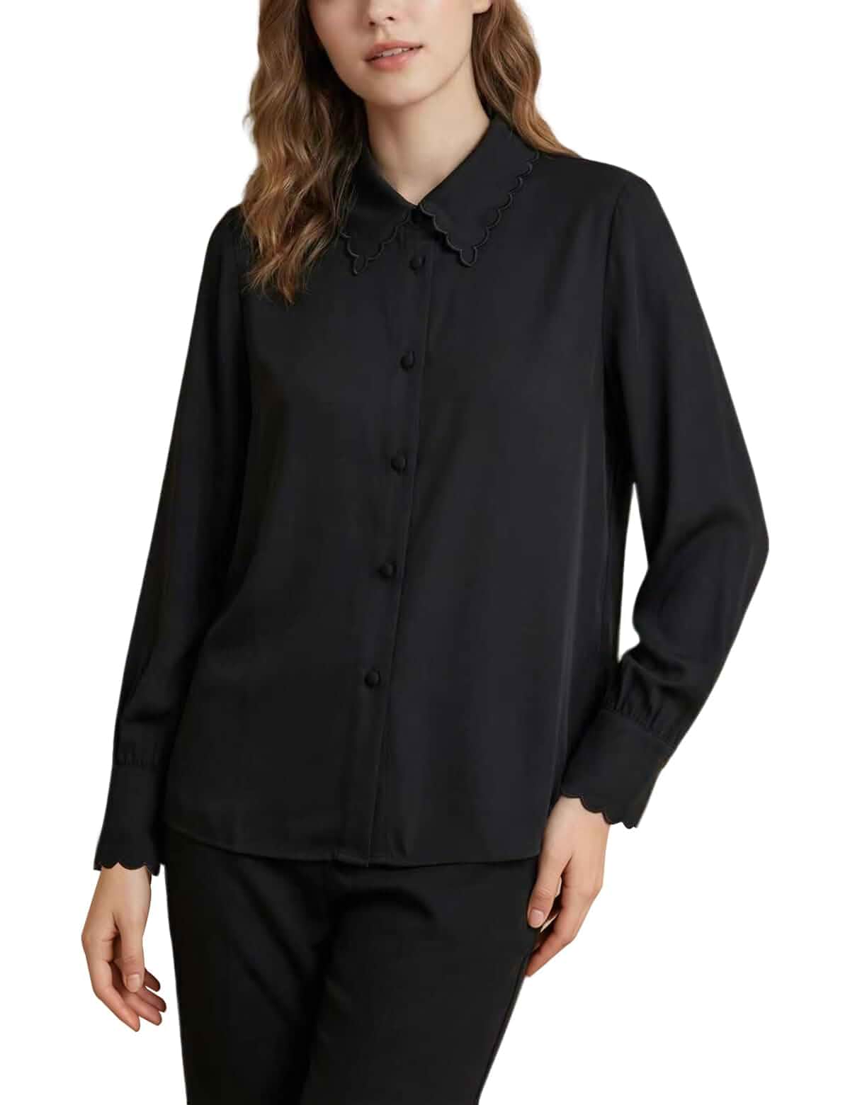 Silk Blouse for Women Long Sleeve Button Down Scalloped Peter Pan Collar Shirt Solid Elegant Work Tops Long Sleeve