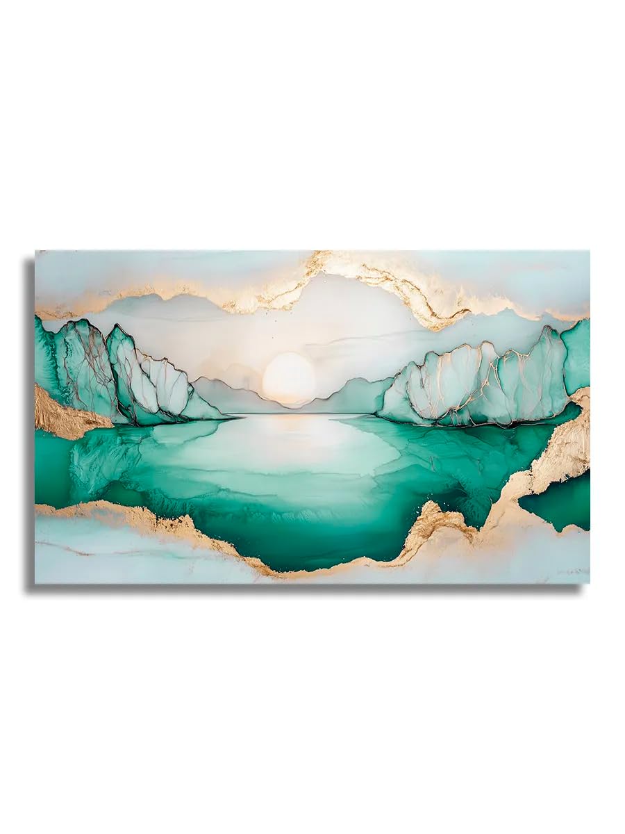 Lybceoug No Frame Teal Gold Fluid Mountain Lake Canvas, Alcohol Ink Golden Foil Landscape Wall Decor(50X70cm/No Frame)