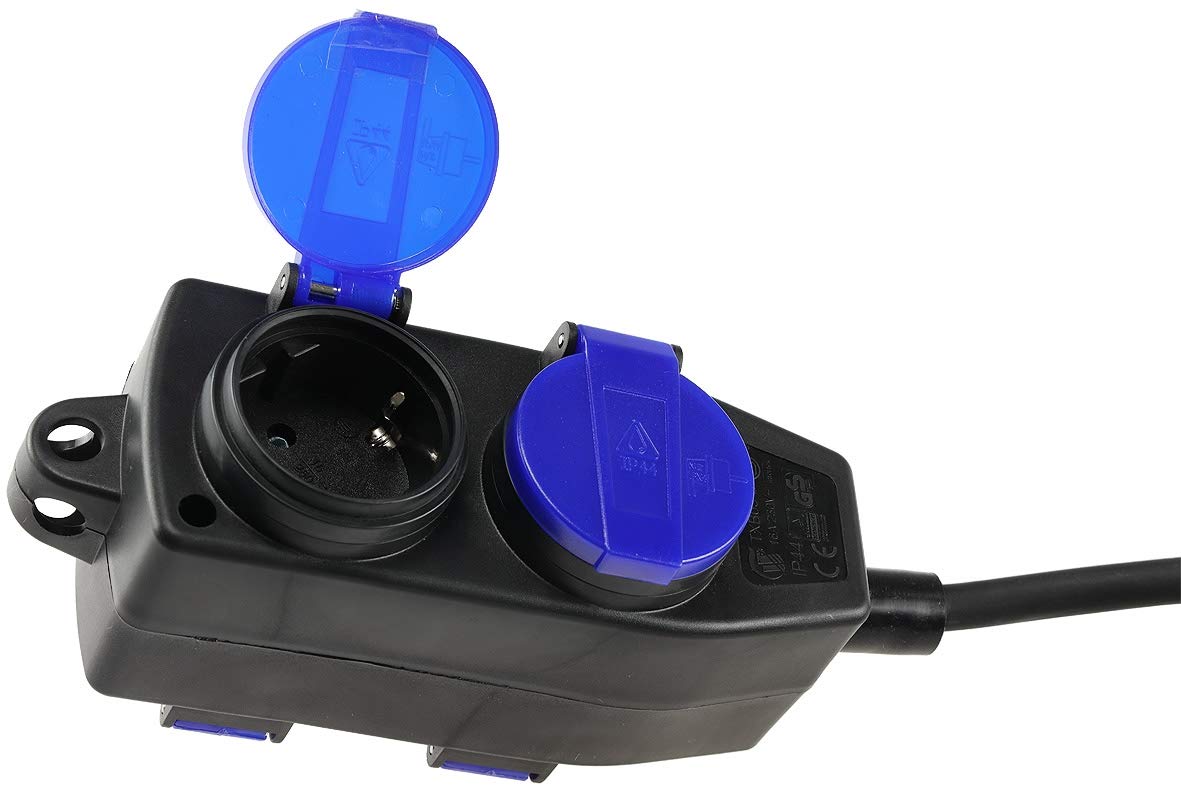 ChiliTec Przedłużacz z 4 gniazdami, 10 m, IP44, zewnętrzne, 4 gniazda wtykowe z zestykiem ochronnym z pokrywą na zawiasach, H07RN-F 3G1,5 mm², gumowy kabel do zawieszenia, czarny
