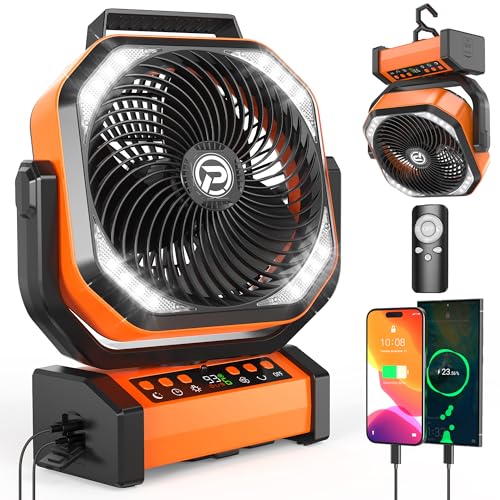 Camping Fan with LED Lantern, 20000mAh Rechargeable Battery Fan, Max 112Hrs Running,9 Speeds, Digital Display,4 Timer,Auto-Oscillating Table Fan with Remote & Hook for Camping, Power Outage, Hurricane