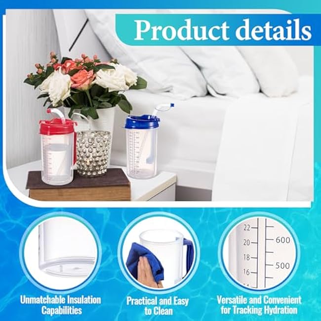 32 oz Hospital Water Cup with Straw and Lid Insulated Double Walled Water Cup with Handle and Straw Elderly Bottle Plastic Drinking Hospital Carafe Insulated Mug(Red and Blue,4)