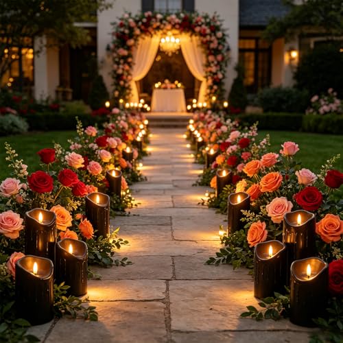 Image of 9 Pcs Flickering Flameless LED Pillar Candles, (D 3 inch x H 3 inch 4 inch 5 inch 6 inch 7 inch) Battery Operated with Remote Plastic Wax Drip Fake Candles for Home Wedding Holiday Decor,Black