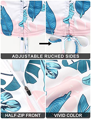Luranee Women Rash Guard,Tropical Vacation Clothes Athletic Swimwear Halter Swim Dress Tummy Control Bathing Suits Plus Size White Pink Leaf Xx-Large #TOP4