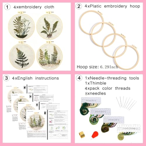 Image of Fern Botanical Embroidery Kits for Beginners Adults, Vintage Plant Embroidery Sets Needlepoint Kits, Stamped Cross Stitch Kits for Beginners Adult, 4 Embroidery Hoops, Fabric (Attached Video Tutorial)