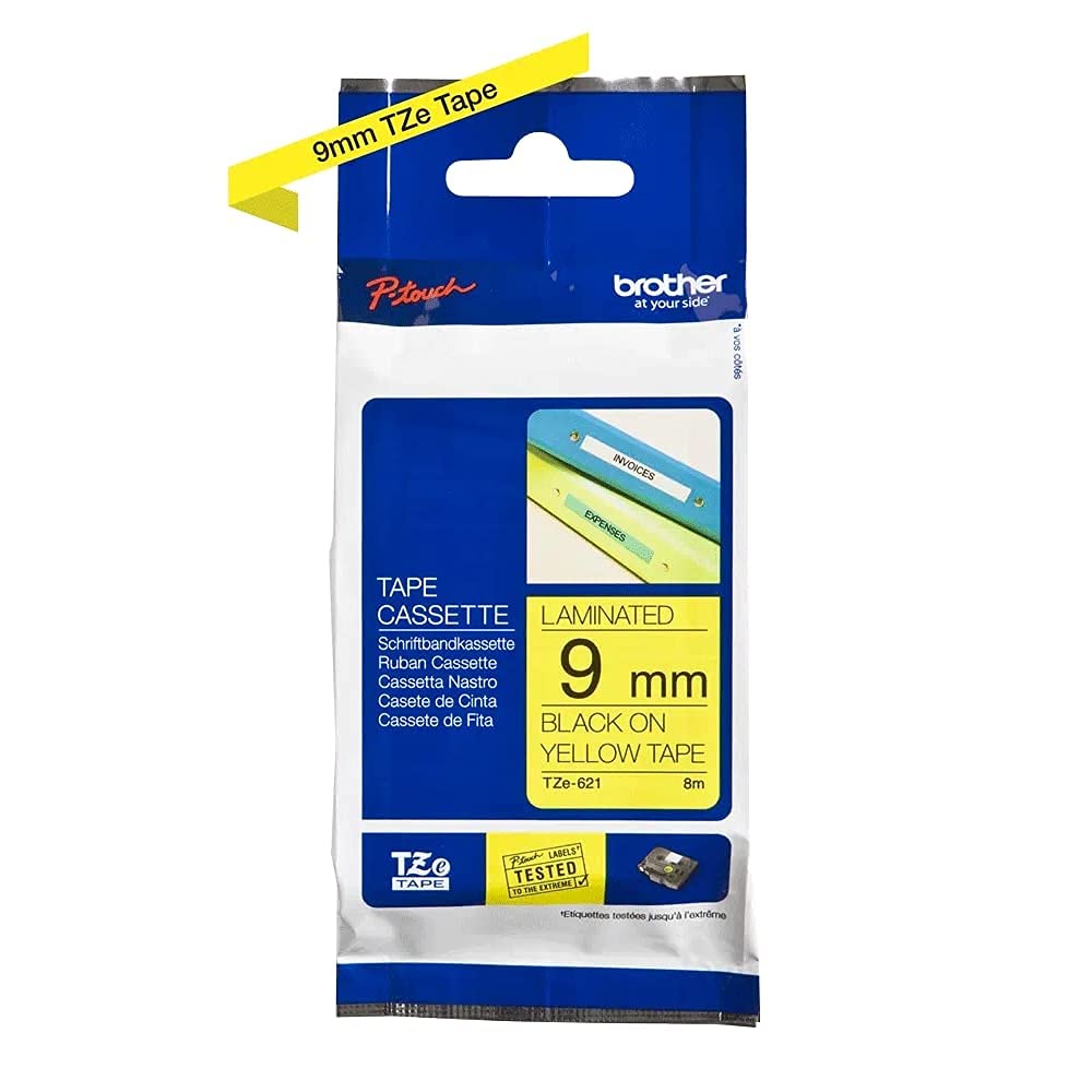 Brother TZe-621 - Czarny na żółtym - Rolka (0,9 cm x 8 m) 1 kaseta laminowana taśma - do Brother PT-D210, D600, H110, H200, P-Touch PT-1005, 1880, P-Touch Cube Pro PT-P910
